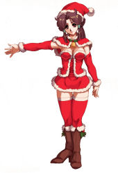 Rule 34 | 1girl, banpresto, bell, boots, breasts, brown hair, brown socks, capelet, christmas, corset, detached sleeves, double bun, dress, full body, fur trim, hair bun, hair tubes, hat, head tilt, high heels, hisahiko, holly, knee boots, kneehighs, large breasts, legs together, lipstick, long hair, looking at viewer, makeup, minaki tomine, outstretched arm, parted bangs, ponytail, purple eyes, red socks, santa costume, santa hat, shoes, short dress, sidelocks, simple background, smile, socks, solo, standing, super robot wars, thighhighs, white background, zettai ryouiki