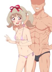 Rule 34 | 1boy, 1girl, :d, abs, absurdres, aikatsu!, aikatsu! (series), bare arms, bare shoulders, behind another, bikini, blush, bow, bow hairband, breasts, cameltoe, cleft of venus, collarbone, curly hair, double v, faceless, faceless male, feet out of frame, grin, hair bow, hairband, hand on another&#039;s shoulder, hands up, highres, kiseki raki, kumahubuki, leaning forward, light brown hair, looking at viewer, medium hair, micro bikini, muscular, muscular male, navel, nervous smile, open mouth, pink bikini, red bow, red eyes, red hairband, side-tie bikini bottom, simple background, small breasts, smile, standing, string bikini, sweatdrop, swimsuit, twintails, v, white background