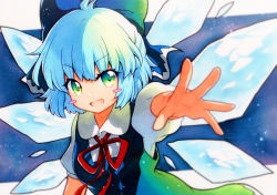 Rule 34 | 1girl, bad id, bad twitter id, blue bow, blue dress, blue eyes, blue hair, blush stickers, bow, cirno, collared shirt, detached wings, dress, fairy, hair between eyes, hair bow, highres, ice, ice wings, open mouth, puffy short sleeves, puffy sleeves, qqqrinkappp, shirt, short hair, short sleeves, smile, solo, touhou, traditional media, upper body, white shirt, wings