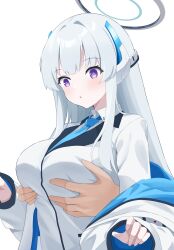 Rule 34 | 1girl, 1other, blue archive, blue necktie, blush, collared shirt, formal, grabbing, grabbing another&#039;s breast, grey hair, halo, highres, long hair, long sleeves, mechanical halo, necktie, noa (blue archive), parted lips, purple eyes, raimu (clanberry000), shirt, simple background, solo focus, suit, upper body, white background, white shirt