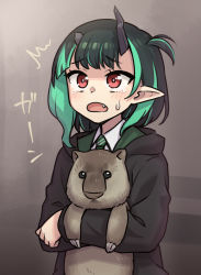 Rule 34 | 1girl, nanashi inc., ^^^, alternate costume, animal, black hair, black hoodie, blue hair, blush, collared shirt, commentary request, demon girl, demon horns, fang, flat chest, green necktie, heebee, highres, holding, holding animal, hood, hood down, hoodie, horns, medium hair, multicolored hair, necktie, one side up, open mouth, pointy ears, red eyes, shirt, shishio chris, solo, sugar lyric, tearing up, two-tone hair, upper body, virtual youtuber, white shirt, wombat