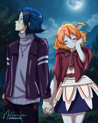 1boy 1girl artist_name blue_eyes blue_hair blush breasts closed_eyes couple freyja_wion hand_on_own_face happy hayate_immelmann highres holding_hands jacket legs macross macross_delta neldorwen night open_clothes open_jacket orange_hair pants short_hair skirt small_breasts smile sweater thighs