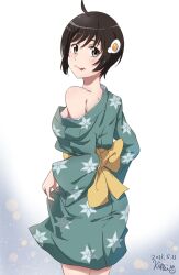 Rule 34 | araragi tsukihi, black eyes, black hair, highres, japanese clothes, kimono, looking at viewer, monogatari (series), nisemonogatari, short hair, white background
