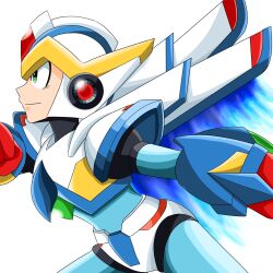 Rule 34 | 1boy, armor, clenched hands, falcon armor x (mega man), forehead jewel, from side, green eyes, helmet, highres, male focus, mechanical wings, mega man (series), mega man x (series), profile, simple background, smile, solo, upper body, white armor, white background, white helmet, wings, x (mega man), yukitaso0930