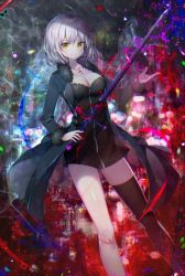 Rule 34 | &gt;:), 1girl, ahoge, bad id, bad twitter id, black dress, black jacket, black thighhighs, blush, breasts, chromatic aberration, cleavage, closed mouth, collarbone, cross, cross necklace, dress, fate/grand order, fate (series), fur collar, fur trim, highres, holding, holding sword, holding weapon, jacket, jeanne d&#039;arc (fate), jeanne d&#039;arc alter (fate), jeanne d&#039;arc alter (ver. shinjuku 1999) (fate), jewelry, koto seori, large breasts, long sleeves, necklace, official alternate costume, open clothes, open jacket, pale skin, short dress, short hair, silver hair, single thighhigh, solo, sword, thighhighs, v-shaped eyebrows, weapon, yellow eyes