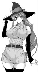 Rule 34 | 1girl, :o, absurdres, belt, breasts, cowboy shot, detached sleeves, gluteal fold, greyscale, halloween, hand on headwear, hand up, hat, hat ornament, highres, large breasts, long hair, looking at viewer, monochrome, parted lips, ribbed sweater, simple background, solo, standing, sweater, sweater vest, thighhighs, white background, witch hat, yuuki homura