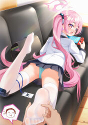 Rule 34 | + +, 1girl, bag, barefoot, blue archive, commentary request, controller, couch, crying, crying with eyes open, doodle sensei (blue archive), fang, gacha, game controller, halo, highres, id card, knee pads, koyuki (blue archive), looking at viewer, looking back, painter-lhb, panties, pantyshot, pink hair, pov, pov hands, school uniform, sensei (blue archive), tears, thighhighs, twintails, underwear, yellow eyes
