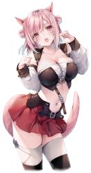Rule 34 | absurdres, animal ears, belly, belt, breasts, cat ears, cat girl, cat tail, crop top, detached sleeves, facial mark, final fantasy, final fantasy xiv, highres, hime gyo, large breasts, medium hair, midriff, miniskirt, miqo&#039;te, navel, open mouth, paw pose, pink eyes, pink hair, skirt, tail, thighhighs, warrior of light (ff14)