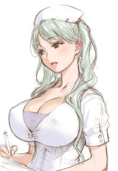 Rule 34 | 1girl, bad id, bad pixiv id, black eyes, blush, breasts, bursting breasts, buttons, cleavage, covered erect nipples, from side, green hair, grin, hair over shoulder, hat, holding, huge breasts, impossible clothes, impossible shirt, large breasts, lipstick, long hair, looking afar, makeup, nurse, nurse cap, original, parted bangs, pencil, sano toshihide, scrunchie, shirt, short sleeves, simple background, sketch, smile, solo, twintails, upper body, white background