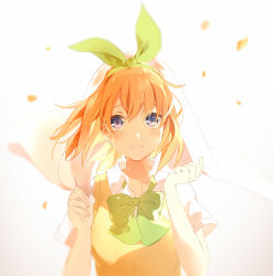 Rule 34 | 1girl, ardbf, bad id, bad pixiv id, blush, bow, bowtie, closed mouth, collared shirt, commentary request, eyebrows hidden by hair, go-toubun no hanayome, green bow, green ribbon, hair between eyes, hair ribbon, hands up, highres, looking at viewer, nakano yotsuba, orange hair, portrait, ribbon, shirt, short hair, short sleeves, simple background, solo, upper body, white background, white shirt