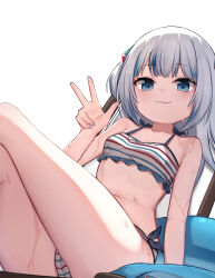 Rule 34 | 1girl, absurdres, bikini, blue eyes, blue hair, blunt bangs, breasts, collarbone, commentary request, fins, fish tail, gawr gura, hair ornament, highres, hololive, hololive english, looking at viewer, medium hair, miaoema, multicolored hair, nail polish, navel, shark girl, shark hair ornament, shark tail, side-tie bikini bottom, sitting, small breasts, solo, streaked hair, sweat, sweatdrop, swimsuit, tail, two-tone hair, two side up, v, virtual youtuber, white background, white hair