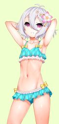 Rule 34 | 1girl, antenna hair, aqua bikini, armpits, arms behind head, arms up, bikini, bikini skirt, bow, commentary request, cowboy shot, elf, flat chest, flower, frilled bikini, frills, hair between eyes, hair flower, hair ornament, highres, kokkoro (princess connect!), looking at viewer, navel, okina ika, parted lips, pink eyes, pointy ears, princess connect!, short hair, silver hair, simple background, solo, swimsuit, wet