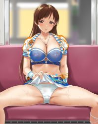 Rule 34 | 1girl, anchor symbol, bracelet, breasts, brown hair, cameltoe, cleavage, covered erect nipples, flashing, fuooooo, heart, heart tattoo, highres, idolmaster, idolmaster cinderella girls, idolmaster cinderella girls starlight stage, jewelry, large breasts, long hair, looking at viewer, midriff, navel, necklace, nitta minami, panties, sailor collar, see-through, see-through bra, spread legs, stomach tattoo, sweat, tattoo, train interior, underwear, upskirt, white panties, wristband