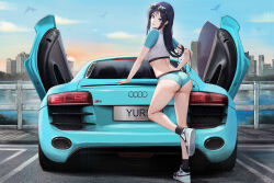 Rule 34 | 1girl, absurdres, ass, audi, audi r8, bird, black hair, black socks, blue eyes, blue sky, car, character name, commentary, commission, crop top, dirty pair, english commentary, eyewear on head, fence, from behind, highres, kcar66t, license plate, long hair, motor vehicle, outdoors, parking lot, pixiv commission, shirt, shoes, short sleeves, sky, sneakers, socks, solo, sports car, white shirt, yuri (dirty pair)