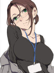 Rule 34 | 1girl, black sweater, blush, breasts, brown hair, closed mouth, collarbone, earrings, glasses, green eyes, grey jacket, hair between eyes, head tilt, id card, jacket, jewelry, lanyard, large breasts, mole, mole under mouth, nagioka, office lady, original, parted bangs, sidelocks, sweater, white background
