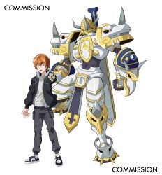 Rule 34 | 2boys, absurdres, armor, crests (digimon), digimon, digimon (creature), digivice, highres, jacket, kaisergreymon, looking at viewer, multiple boys, official seraphimon, original
