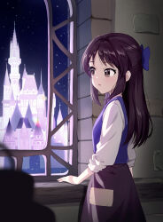 Rule 34 | 1girl, absurdres, black hair, blue bow, blush, bow, brown eyes, castle, commentary request, cowboy shot, dress, hair bow, half updo, highres, idolmaster, idolmaster cinderella girls, idolmaster cinderella girls u149, indoors, long hair, looking to the side, night, parted lips, skirt, sky, solo, sorugi park, star (sky), starry sky, tachibana arisu, window