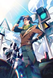 Rule 34 | 1boy, absurdres, battle tendency, bomber hat, bomber jacket, brown hair, brown jacket, can, cityscape, copyright name, denim, drink can, fingerless gloves, gloves, green eyes, hand on own hip, highres, jacket, jeans, jojo no kimyou na bouken, joseph joestar, joseph joestar (young), jpeg artifacts, looking up, male focus, motor vehicle, motorcycle, pants, pickieeeee, road sign, scarf, shading eyes, sign, sky, soda can, solo, sun, traffic light, year