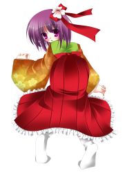 Rule 34 | 1girl, ass, bad id, bad pixiv id, bow, female focus, flower, full body, hair bow, hieda no akyuu, highres, japanese clothes, looking back, purple eyes, purple hair, rokudou itsuki, socks, solo, top-down bottom-up, touhou, transparent background, wreathlit69