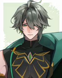 Rule 34 | 1boy, absurdres, ahoge, alhaitham (genshin impact), bare shoulders, black hair, bodysuit, border, cape, closed mouth, earrings, expressionless, eyelashes, gem, genshin impact, green background, green cape, green eyes, green hair, grey hair, hair between eyes, hair over one eye, haizeizhenxiang, highres, jewelry, looking at viewer, male focus, multicolored hair, outside border, short hair, sidelocks, single earring, solo, streaked hair, upper body, white border