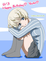 Rule 34 | 1girl, blonde hair, blue eyes, blush, breasts, dated, girls und panzer, grey socks, happy birthday, highres, keizoku school uniform, looking at viewer, medium breasts, naotosi, school uniform, short hair, signature, simple background, sitting, smile, socks, solo, tongue, tongue out, youko (girls und panzer)