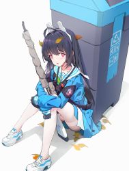 Rule 34 | 1girl, absurdres, afindex, black gloves, black hair, blue archive, blue shirt, blue skirt, blunt bangs, bolt action, gloves, green neckerchief, gun, highres, holding, holding gun, holding weapon, knee pads, leaf, leaf on head, long hair, long sleeves, looking at viewer, miyu (blue archive), neckerchief, pantyhose, pleated skirt, recycle bin, red eyes, rifle, sailor collar, school uniform, scope, serafuku, shirt, simple background, single knee pad, sitting, skirt, solo, thighband pantyhose, very long hair, weapon, white background, white footwear, white pantyhose, white sailor collar