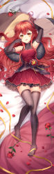 Rule 34 | 1girl, absurdres, bare shoulders, bed, black gloves, black thighhighs, blush, capura lin, collared dress, commentary request, dakimakura (medium), dress, elbow gloves, flower, gloves, hair between eyes, hair spread out, hairband, highres, knee up, long hair, looking at viewer, lying, on back, open mouth, orange eyes, original, pillow, red dress, red hair, ribbon, rose, sidelocks, sleeveless, sleeveless dress, solo, thighhighs, watermark, yellow ribbon, zettai ryouiki