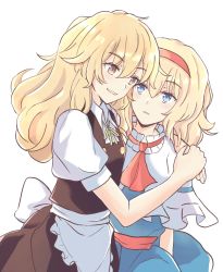 Rule 34 | 2girls, acoco, alice margatroid, apron, ascot, back bow, black skirt, black vest, blonde hair, blue dress, blue eyes, bow, breasts, buttons, capelet, commentary request, dress, frilled apron, frilled capelet, frills, hairband, highres, hug, kirisame marisa, long hair, multiple girls, no headwear, open mouth, puffy short sleeves, puffy sleeves, red ascot, red hairband, red sash, sash, shirt, short hair, short sleeves, simple background, skirt, small breasts, touhou, vest, waist apron, waist bow, white apron, white background, white capelet, white shirt, yellow eyes