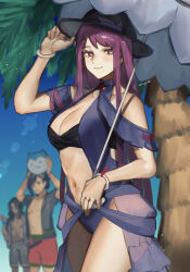 Rule 34 | 1girl, 2boys, bare shoulders, black headwear, blue one-piece swimsuit, breasts, cleavage, clothing cutout, commentary request, dress, dress swimsuit, fire emblem, fire emblem engage, fire emblem heroes, hat, highres, ivy (fire emblem), ivy (summer) (fire emblem), kagetsu (fire emblem), large breasts, long hair, looking at viewer, mole, mole under mouth, multiple boys, navel, nintendo, official alternate costume, one-piece swimsuit, purple eyes, purple hair, seinikuten, sommie (fire emblem), stomach, stomach cutout, swimsuit, zelkov (fire emblem)