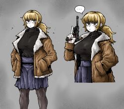 ... 1girl black_pantyhose black_sweater blonde_hair blue_skirt breasts brown_coat closed_mouth coat fear_&amp;_hunger_(series) fear_&amp;_hunger_2:_termina grey_background grey_eyes gun handgun hands_in_pockets highres holding holding_gun holding_weapon karin_(fear_&amp;_hunger) large_breasts long_hair long_sleeves looking_at_viewer multiple_views octosoup open_clothes open_coat pantyhose pleated_skirt ponytail skirt spoken_ellipsis sweater turtleneck turtleneck_sweater weapon