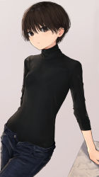 Rule 34 | 1girl, akipeko, arm support, black shirt, breasts, brown eyes, brown hair, cowboy shot, denim, grey background, highres, jeans, leaning to the side, long sleeves, open fly, open pants, original, pants, parted lips, shirt, short hair, simple background, small breasts, solo, table
