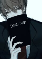 Rule 34 | 1boy, absurdres, book, brown eyes, brown hair, copyright name, death note, death note (object), english text, falsa azu, hair between eyes, half-closed eyes, head tilt, highres, holding, holding book, looking at viewer, male focus, pale skin, short hair, simple background, sketch, solo, upper body, white background, yagami light