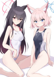 Rule 34 | 2girls, absurdres, animal ears, black hair, black one-piece swimsuit, blonde hair, blue archive, blue eyes, breasts, competition swimsuit, feet out of frame, fox ears, halo, highleg, highleg swimsuit, highres, long hair, looking at viewer, mochini, multiple girls, niko (blue archive), one-piece swimsuit, red eyes, short hair, simple background, sitting, small breasts, swimsuit, two-tone swimsuit, wariza, white background, white one-piece swimsuit, yukino (blue archive)