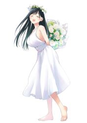 Rule 34 | 1girl, absurdres, amagami-san chi no enmusubi, amagami yae, asymmetrical bangs, barefoot, black hair, blush, bouquet, breasts, closed eyes, dress, flower, flower wreath, head wreath, heel up, highres, holding, holding behind back, holding bouquet, large breasts, long hair, marcey, open mouth, second-party source, sideboob, simple background, sleeveless, sleeveless dress, smile, solo, straight hair, white background, white dress