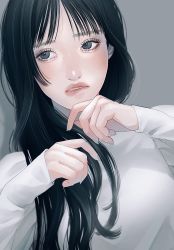Rule 34 | 1girl, absurdres, black eyes, black hair, fingernails, grey background, grey nails, hair over shoulder, highres, long hair, long sleeves, looking to the side, nail polish, original, parted lips, simple background, solo, sweater, tsunko (9v2 q), upper body, white sweater