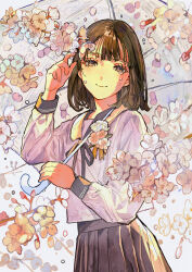 Rule 34 | 1girl, absurdres, black ribbon, black sailor collar, black skirt, branch, brown eyes, brown hair, buchi (qooo003), cherry blossoms, closed mouth, commentary request, flower, half-closed eyes, hand up, highres, holding, holding umbrella, long sleeves, looking at viewer, neck ribbon, original, pleated skirt, puffy long sleeves, puffy sleeves, ribbon, sailor collar, school uniform, serafuku, shirt, skirt, smile, solo, tears, transparent, transparent umbrella, umbrella, white flower, white shirt