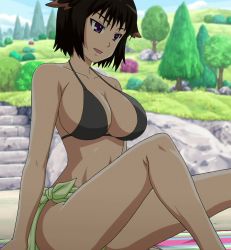 Rule 34 | 1girl, animal ears, bare shoulders, bikini, black bikini, black hair, breasts, cleavage, collarbone, eyebrows, female focus, highres, large breasts, legs, lotte no omocha!, nature, open mouth, outdoors, purple eyes, screencap, short hair, sitting, solo, spread legs, stitched, swimsuit, third-party edit, tree, ursula sumarlidi