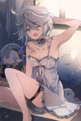 Rule 34 | 1girl, ahoge, bare arms, bare shoulders, blue eyes, breasts, cleavage, collarbone, commentary, curtains, feet out of frame, furina (genshin impact), genshin impact, grey hair, hair between eyes, highres, knee up, light blush, looking at viewer, messy hair, neuvillette (genshin impact), one eye closed, open mouth, satorigame, sidelocks, sitting, small breasts, solo, stuffed toy, symbol-only commentary, window, window shadow, yawning