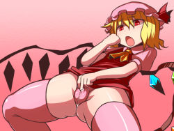 Rule 34 | 1girl, bad id, bad pixiv id, blonde hair, bow, cameltoe, dress, embodiment of scarlet devil, female focus, female masturbation, flandre scarlet, hakika, hat, masturbation, open mouth, panties, pink panties, pink thighhighs, pussy juice, red eyes, short hair, simple background, solo, spread legs, thighhighs, touhou, underwear, wet, wet clothes, wet panties