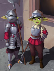 Rule 34 | 1girl, 1other, absurdres, ambiguous gender, armor, breastplate, colored skin, cranihum, faulds, female goblin, full armor, gauntlets, goblin, greaves, green skin, helmet, highres, holding, holding polearm, holding weapon, kettle helm, long sleeves, armored boots, monster girl, original, pointy ears, polearm, shortstack, weapon