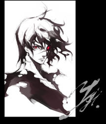 Rule 34 | 1boy, expressionless, eyepatch, floating hair, kousaki rui, long hair, male focus, monochrome, original, portrait, signature, simple background, solo, spot color, upper body, white background, wind