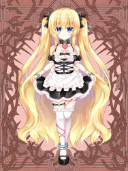 Rule 34 | 1girl, apron, bare shoulders, black bow, black dress, black footwear, black sleeves, blonde hair, blue eyes, bow, closed mouth, collarbone, copyright request, detached sleeves, dress, frilled apron, frilled dress, frilled thighhighs, frills, full body, hair between eyes, hair bow, heart o-ring, keyhole, long hair, official art, over-kneehighs, pleated dress, puffy short sleeves, puffy sleeves, shikito (yawa0w0), shoes, short sleeves, skirt hold, smile, solo, standing, thighhighs, thorns, two side up, very long hair, white apron, white thighhighs