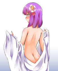 Rule 34 | 1girl, ass, back, butt crack, changing clothes, flower, from behind, hair flower, hair ornament, hazuki kyou, hieda no akyuu, nude, purple eyes, purple hair, simple background, solo, touhou, towel