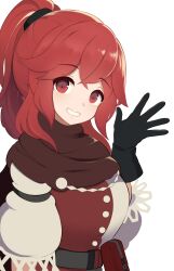 Rule 34 | anna (fire emblem), anna (fire emblem engage), black gloves, brown scarf, child, fire emblem, fire emblem engage, frilled sleeves, frills, gloves, high ponytail, highres, jacket, kocha (jgug7553), long hair, long sleeves, looking at viewer, multicolored clothes, nintendo, ponytail, red eyes, red hair, scarf, smile, waving