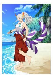 Rule 34 | 1girl, akmn, aqua hair, arms at sides, bare arms, bare shoulders, barefoot, beach, blue sky, blurry, blurry background, border, chain, clothes lift, cuffs, curled horns, earrings, floating hair, foot up, from side, full body, green hair, grey hair, hair ornament, hair stick, hakama, hakama pants, high ponytail, highres, horizon, horns, japanese clothes, jewelry, kimono, leaning to the side, lifted by self, long hair, looking down, multicolored hair, multicolored horns, ocean, one piece, oni, open mouth, orange eyes, palm tree, pants, red hakama, red horns, rope, sand, shackles, shimenawa, sidelocks, sky, sleeveless, sleeveless kimono, smile, solo, standing, standing on one leg, toes, tree, very long hair, water, yamato (one piece), yellow horns