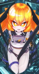 Rule 34 | 1girl, :d, absurdres, arm support, commentary request, hair between eyes, highres, ine 2, jacket, long hair, looking at viewer, open mouth, orange eyes, orange hair, original, pants, sitting, smile, solo, thick eyebrows, twintails, v-shaped eyebrows, white jacket, white pants