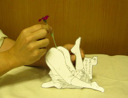 Rule 34 | 1girl, anal, anal object insertion, ass, bad id, blush, bottomless, cleft of venus, clothes lift, flower, indoors, male hand, mini person, minigirl, monochrome, no panties, object insertion, paper child, papercraft (medium), photo (medium), pussy, sasaki yukinojou, shirt lift, size difference, socks, solo focus, sweat, translated, uncensored, unconventional media, upside-down