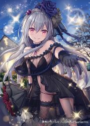 Rule 34 | 1girl, akkijin, babydoll, bare shoulders, black flower, black gloves, black panties, bouquet, breasts, choker, dress, fishnet thighhighs, fishnets, flower, gloves, grey hair, grin, hair between eyes, hair flower, hair ornament, holding, lingerie, long hair, looking at viewer, off-shoulder dress, off shoulder, outdoors, outstretched arm, panties, pointing, red eyes, red flower, rose, see-through, shinkai no valkyrie, single thighhigh, small breasts, smile, solo, sparkle, standing, string panties, thighhighs, thighs, underwear, v-shaped eyebrows, very long hair