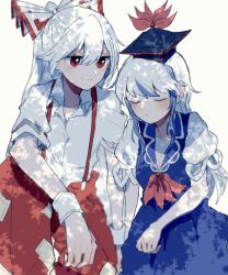 Rule 34 | 2girls, blue dress, blue headwear, blush, bow, breasts, cleavage, commentary request, dappled sunlight, dress, fujiwara no mokou, hair bow, hat, itomugi-kun, kamishirasawa keine, leaning on person, long hair, multiple girls, neckerchief, pants, red bow, red eyes, red neckerchief, red pants, shirt, short sleeves, simple background, sitting, sunlight, suspenders, torn clothes, torn sleeves, touhou, white background, white bow, white hair, white shirt, wrist cuffs