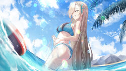 Rule 34 | 1girl, ass, asuna (blue archive), asymmetrical bangs, beach, bikini, blonde hair, blue archive, blue eyes, blue hair, blue sky, breasts, cloud, cloudy sky, day, glint, grin, hair ribbon, highres, hishiki (pixi14719710), horizon, large breasts, lens flare, lifebuoy, light rays, long hair, looking at viewer, ocean, outdoors, ribbon, sarong, seductive smile, sky, smile, solo, sparkle, sun, sunlight, swim ring, swimsuit, tree, very long hair, wading, water, water drop